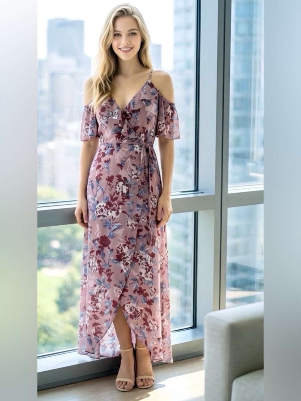 New As U Wish Mauve Floral Cold-Shoulder Wrap Maxi Dress